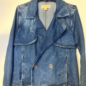 Michael Kors Blue Double-Breasted Jean Denim Utility Trench Jacket Gold Buttons